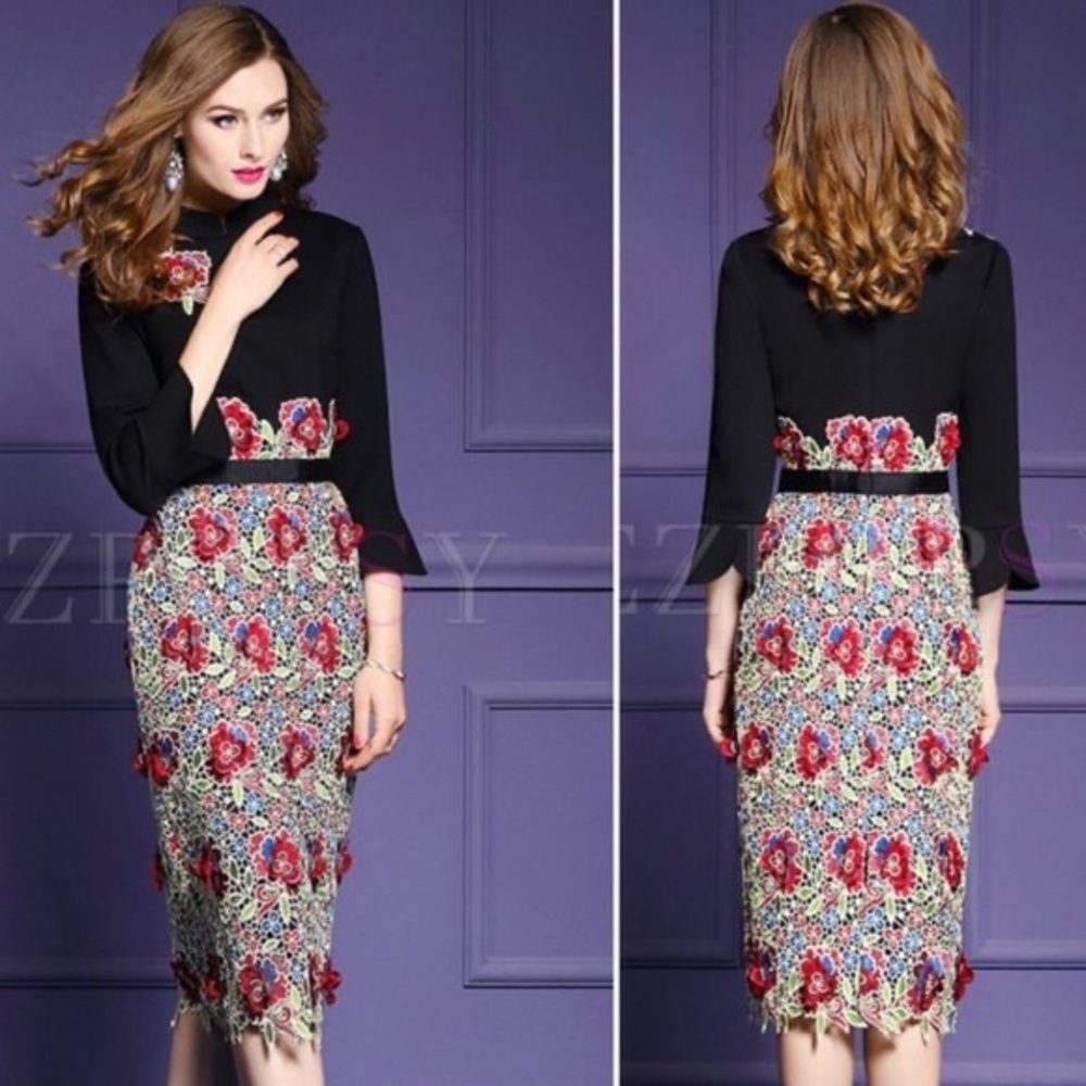 Metisu 3D Floral Embroidered Black Multicolor 3/4 sleeves Pencil Dress Womens S